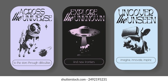 Space cow, astronaut, galaxy travel posters set photocopy effect. Vector illustrations of universe, ufo, spaceship, planet, future grunge stippling grain messy texture. For poster design, t shirt