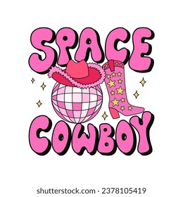 El vaquero espacial rodó con letras de disco y botas de vaquera. Ilustración del contorno vectorial en el estilo retro groovy 1960