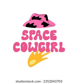 Space cowgirl groovy lettering with pink cowboy hat and meteor. Vector flat illustration on isolated background