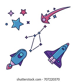 space craft and space capsule in the starry sky with falling star and astrological sign