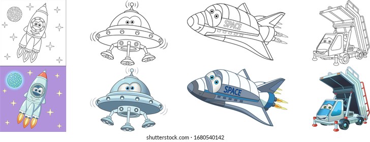 Space crafts. Coloring pictures. Cartoon clipart set for kids activity colouring book, t shirt print, icon, logo, label, patch or sticker. Vector illustration.