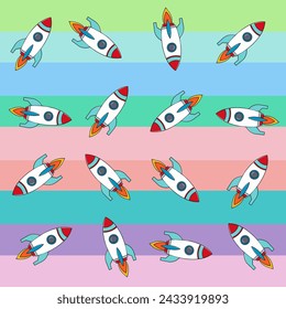 Space creative design on striped background. Launching a spaceship. Creative design idea concept.
 Design for vinyl wallpaper, children's clothing, textiles, covers. Vector illustration
