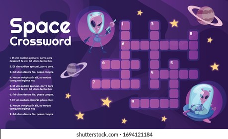 Space crossword with cartoon character template. Cosmos, Universe, planets and UFO educational kids game with questions. Celestial bodies and extraterrestrial printable flat vector layout