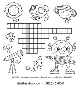 Space crossword puzzle. Alien with telescope,  planets and rocket. Coloring book for kids.