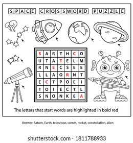 Space crossword puzzle. Alien with telescope,  planets and rocket. Coloring book for kids.