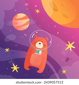 Space. Cute cartoon bear with a camera in space. Vector illustration