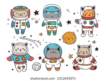 Espacio lindo gato astronauta línea de doodle arte conjunto aislado. Ilustración del diseño gráfico del vector