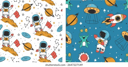 Space cute cat pet animal astronaut galaxy seamless pattern concept. Vector graphic design illustration