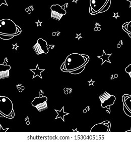 Space cute seamless pattern of planets and tasty dessert, background for textile. Vector EPS10