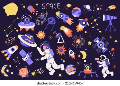 Space cute set in flat cartoon design. Bundle of planet, comet, ufo, rocket, satellite, telescope, constellation, star, astronaut, moon, spaceship and other. Vector illustration isolated elements