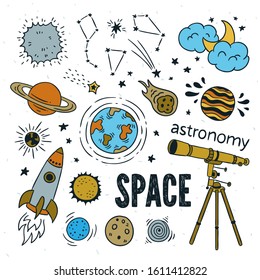Space cute vector illustrations. Astronomy graphic collection on white background. Hand drawn planets and rockets