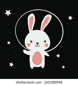 Space Cute white Rabbit black background