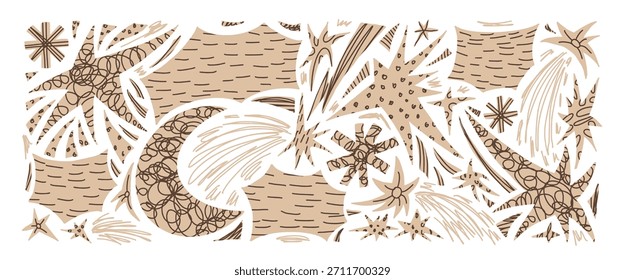 Plano de fundo de formas geométricas abstratas de recorte de espaço. Geometria e estrelas de forma livre, lua, bang colagem figuras ingênuas doodle. Adesivos de livro de recortes com faíscas, crescente, forma de cometa. Ilustração vetorial.