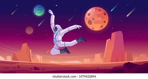 Space dance party. Astronaut dancing on planet Mars in the Space and planet background. Red, purple Space landscape background for game or design. Vector cartoon illustration.