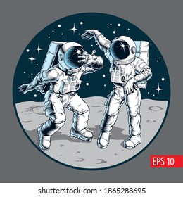 Space dance party. Astronauts dancing twist. Man and woman on the Moon. Comic style vector illustration.