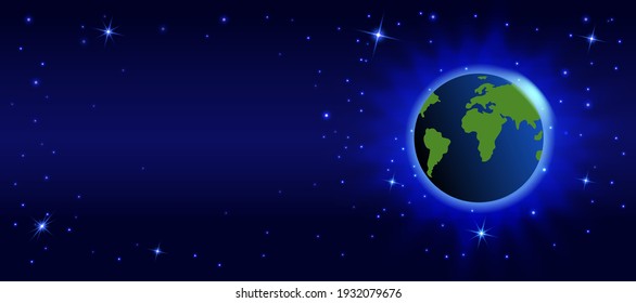 Space dark background with planet earth and stars. Vector illustration. with empty place for text.  Starry sky with bright and dim stars.