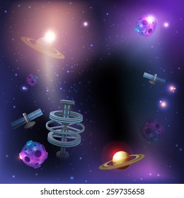 Space dark poster with realistic rocket ufo satellite and stars on background vector illustration