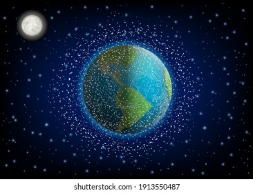 Space debris in orbit around the Earth, vector illustration. Space junk, garbage ring around planet Earth. Cosmos pollution poster, banner template.