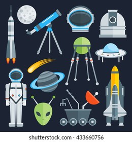 Space decorative flat icons set with astronaut alien satellites rocket  saturn on blue background isolated vector illustration