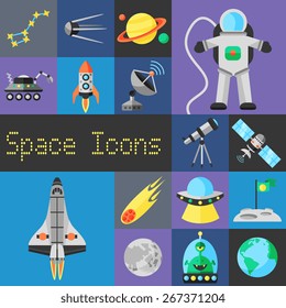 Space decorative icons flat set with planets ufo and astronaut isolated vector illustration