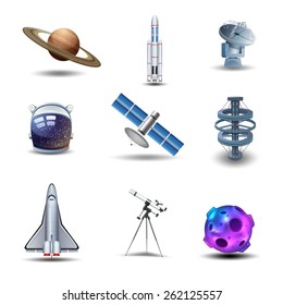 Space decorative icons set with asteroid spaceman helmet rocket isolated vector illustration