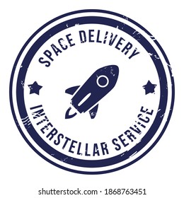 Space Delivery. Interstellar Service. Vector Blue Ink Stamp