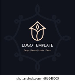 Space Design home. Line logo, sprout, eco interior design, decor template.
 