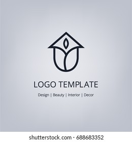 Space Design home. Line logo, sprout, eco interior design, decor template.