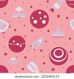 Space design with planets, spaceships, and stars. Girl, kids, baby design on a pink background. Cartoon spacecraft seamless pattern. UFO vector illustration. 