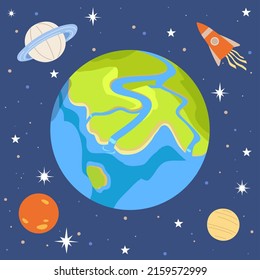 Space with different planets and rockets. Galaxy, cosmos, universe scenery with Earth. Space objects and celestial bodies in sky vector illustration. Astronomy, study of galaxies, nature exploration