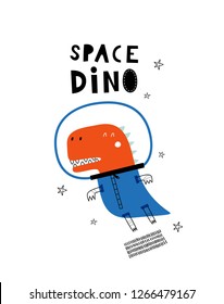 Space Dino. Card template with cute Dino. Hand drawn graphic for typography poster, card, label, brochure, flyer, page, banner, baby wear, nursery. Vector illustration in blue and red. 