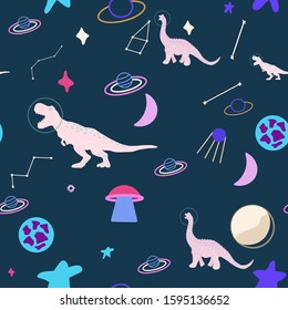 Space dino girl seamless pattern on blue. Wild galaxy monster endless design. Joyous reptile astronaut and planets decor for textile, paper, web, wallpaper. Vector illustration in flat cartoon style.