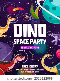 Space dino part flyer, dinosaur astronauts. Vector festive, vibrant and playful invitation poster for children with cartoon dinosaurs in cosmonaut helmets floating in space among planets and stars