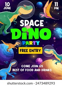 Space dino party, kids birthday invite. Vector festive, vibrant, playful invitation poster for children with colorful cartoon dinosaurs in astronaut helmets floating in space among planets and stars