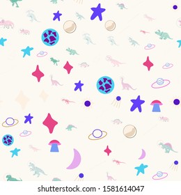 Space dino seamless pattern on cream color. Cute wild galaxy monster endless design. Joyous reptile astronaut and planets decor for textile, paper, web, wallpaper. Vector 