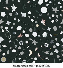 Space dino seamless pattern on black. Cute wild galaxy monster endless design. Joyous reptile astronaut and planets decor for textile, paper, web, wallpaper. Vector illustration in flat cartoon style.