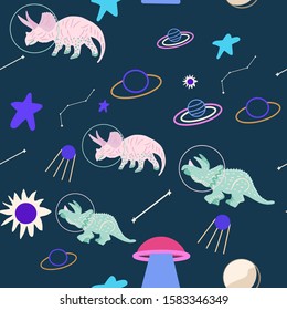 Space dino seamless pattern on blue. Cute wild galaxy monster endless design. Joyous reptile astronaut and planets decor for textile, paper, web, wallpaper. Vector illustration in flat cartoon style.