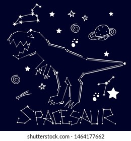 Space dinosaur. Hand drawing illustration with zodiacs dino  .  For print, baby clothes, t shirt, child or wrapping  paper. Creative boys original design 