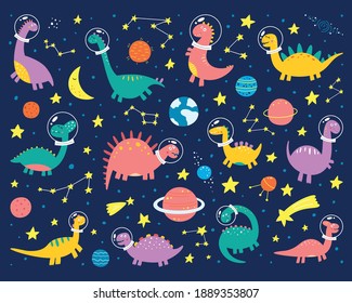 Space dinosaurs in a spacesuit are flying into space. Trendy grunge texture or print for kids design. Vector illustration.