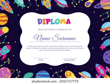 Space diploma, certificate with space elements.