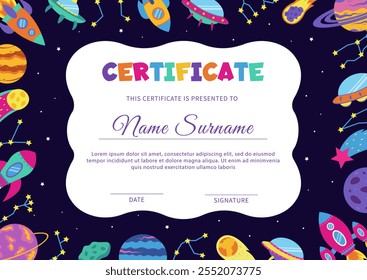 Space diploma, certificate with space elements.