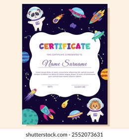 Space diploma, certificate with space elements and animals astronauts.