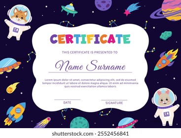 Space diploma, certificate with space elements and animals astronauts.