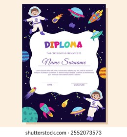 Diploma espacial, certificado con Elementos espaciales y niños astronautas.