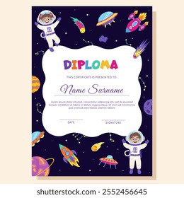 Space diploma, certificate with space elements and children astronauts.