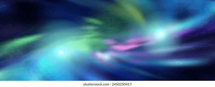 Space disco background with halftone pattern overlay. Abstract neon bg club vector in retro style with dot texture and gradient mesh. Movement of planets, stars and spiral galaxies