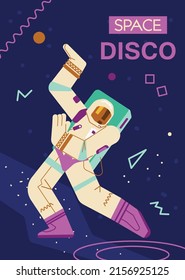 Space disco dance party banner or poster template with dancing astronaut in spacesuit, flat cartoon vector illustration. Disco music and dance party invitation design.