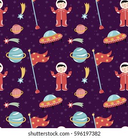 Space discover pioneers cartoon seamless pattern. Astronaut in spacesuit, stars, comet, Saturn planet, flying saucers, flag with stars vector illustrations on violet background. For greeting cards