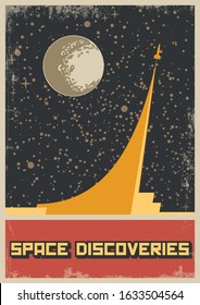 Space discoveries Retro Soviet Space Propaganda Poster Stylization, Rocket Launching, Full Moon, Starry Sky, Grunge Texture Pattern