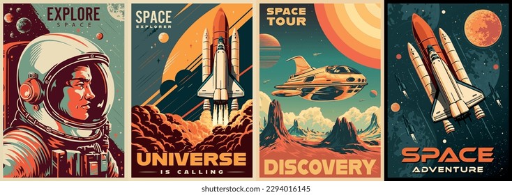 Space discovery colorful set flyers intergalactic ships and brave astronaut for science fiction literature about colonization distant planets vector illustration